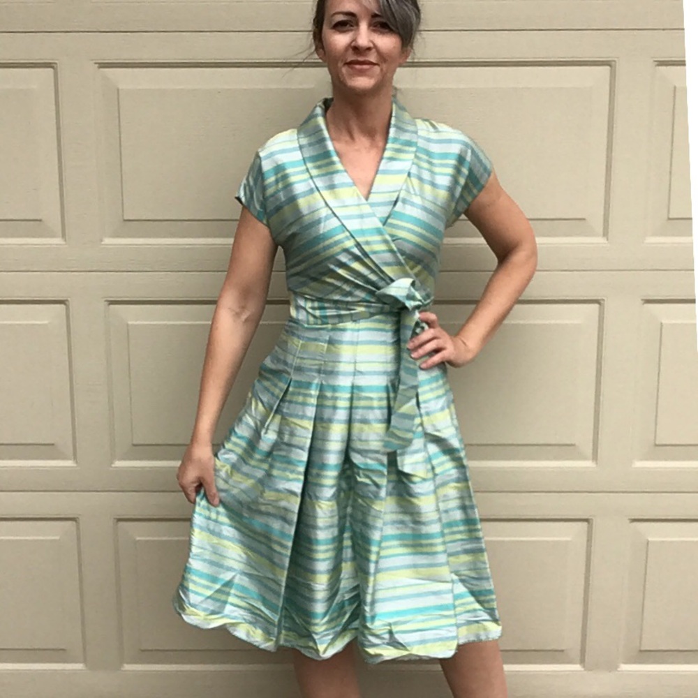 ANNE KLEIN aqua silk striped vintage style dress 2